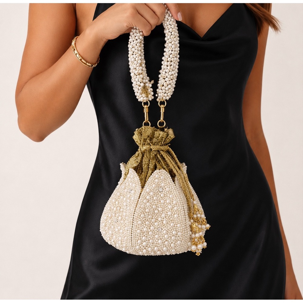 RAMLA Neyla Pearl Lotus Bridal Evening Bag Handmade Clutch